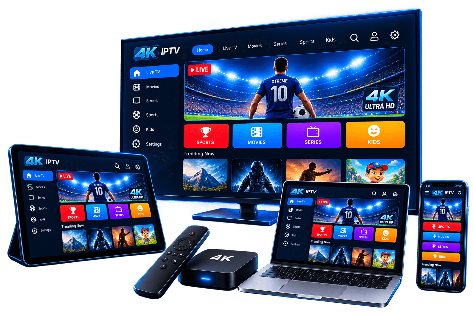 Xtreme HD IPTV streaming app interface on Smart TV, tablet and phone